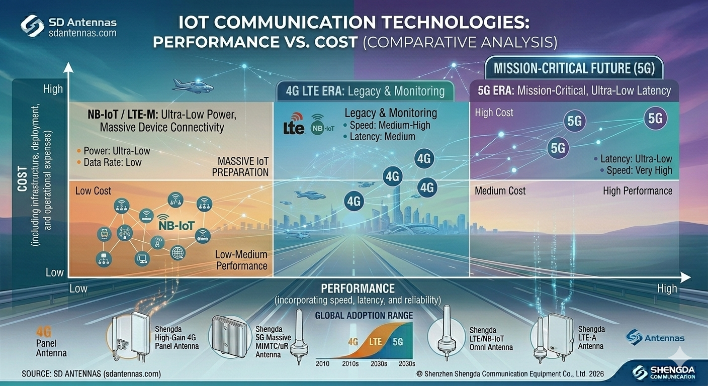 A graph showing cost on the Y-axis and performance on the X-axis, with points for NB-IoT, LTE, and 5G.