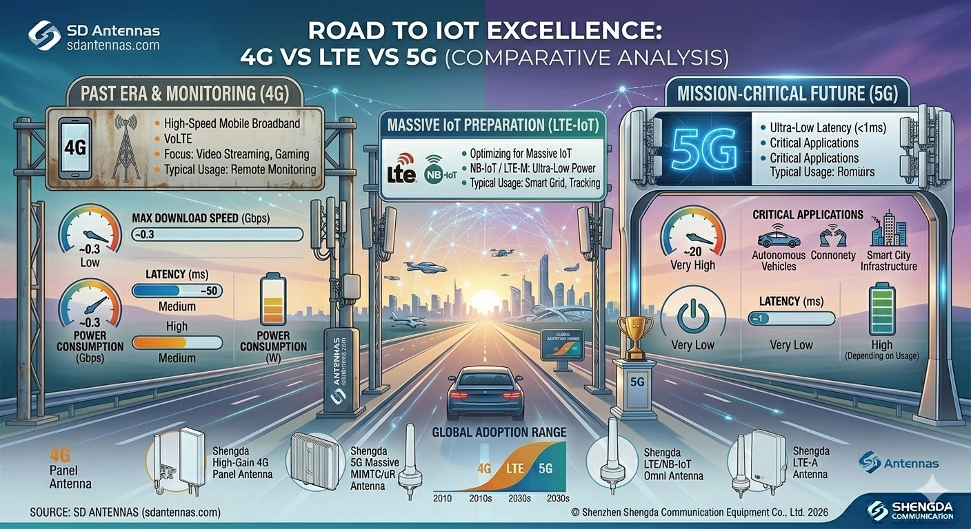 A road stretching into the future with signs for 4G, LTE, and 5G.