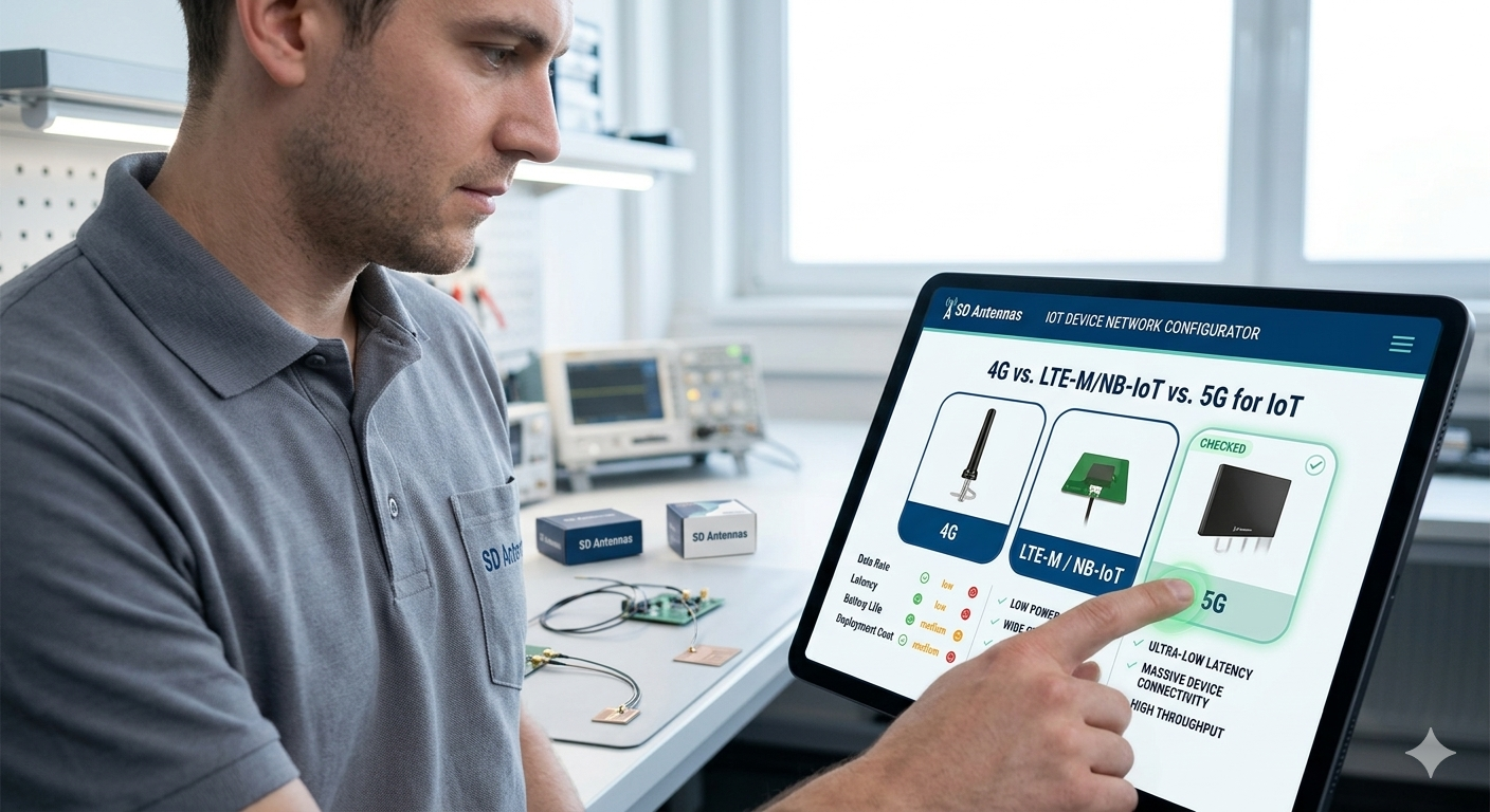 An engineer selecting between 4G, LTE, and 5G options on a screen for an IoT device.