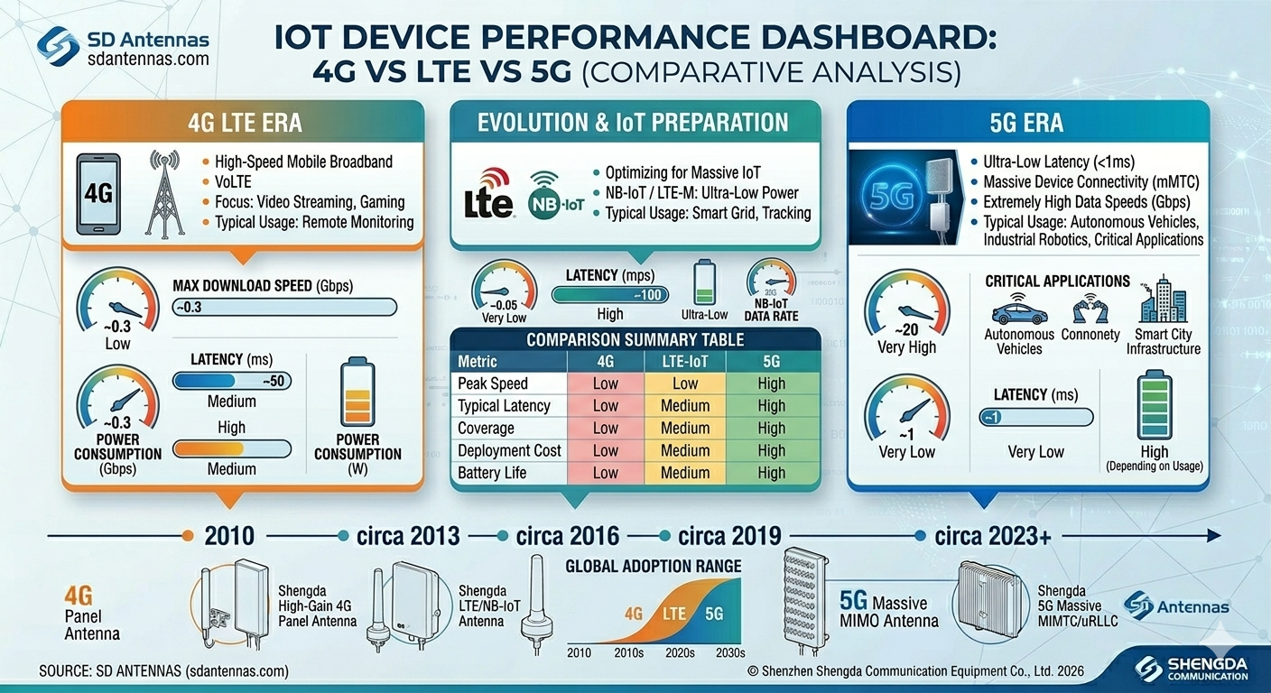 A dashboard showing performance metrics like speed, latency, and power for 4G, LTE, and 5G.