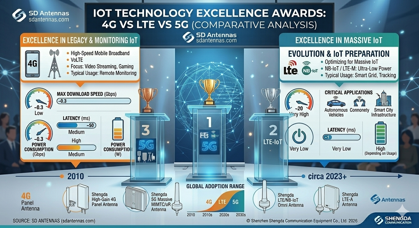 Three podiums with 4G, LTE, and 5G logos, each winning a different category.