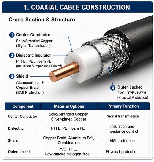 Coaxial Cable Internal Structure Coaxial cable cross-section showing center conductor and shielding layers