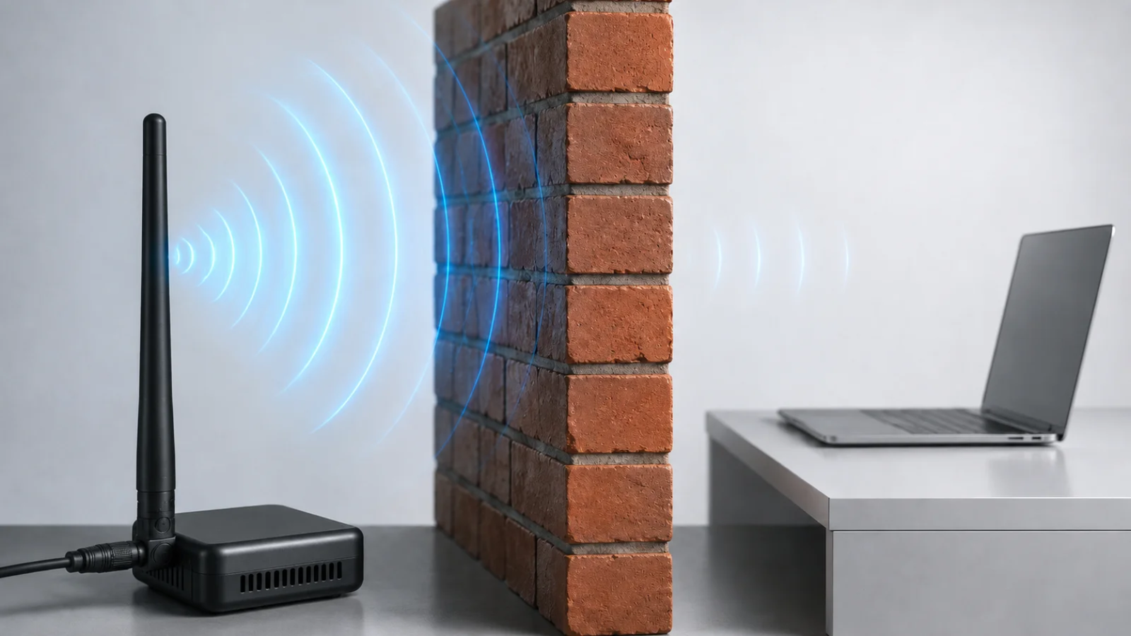 An antenna's signal struggling to pass through a brick wall