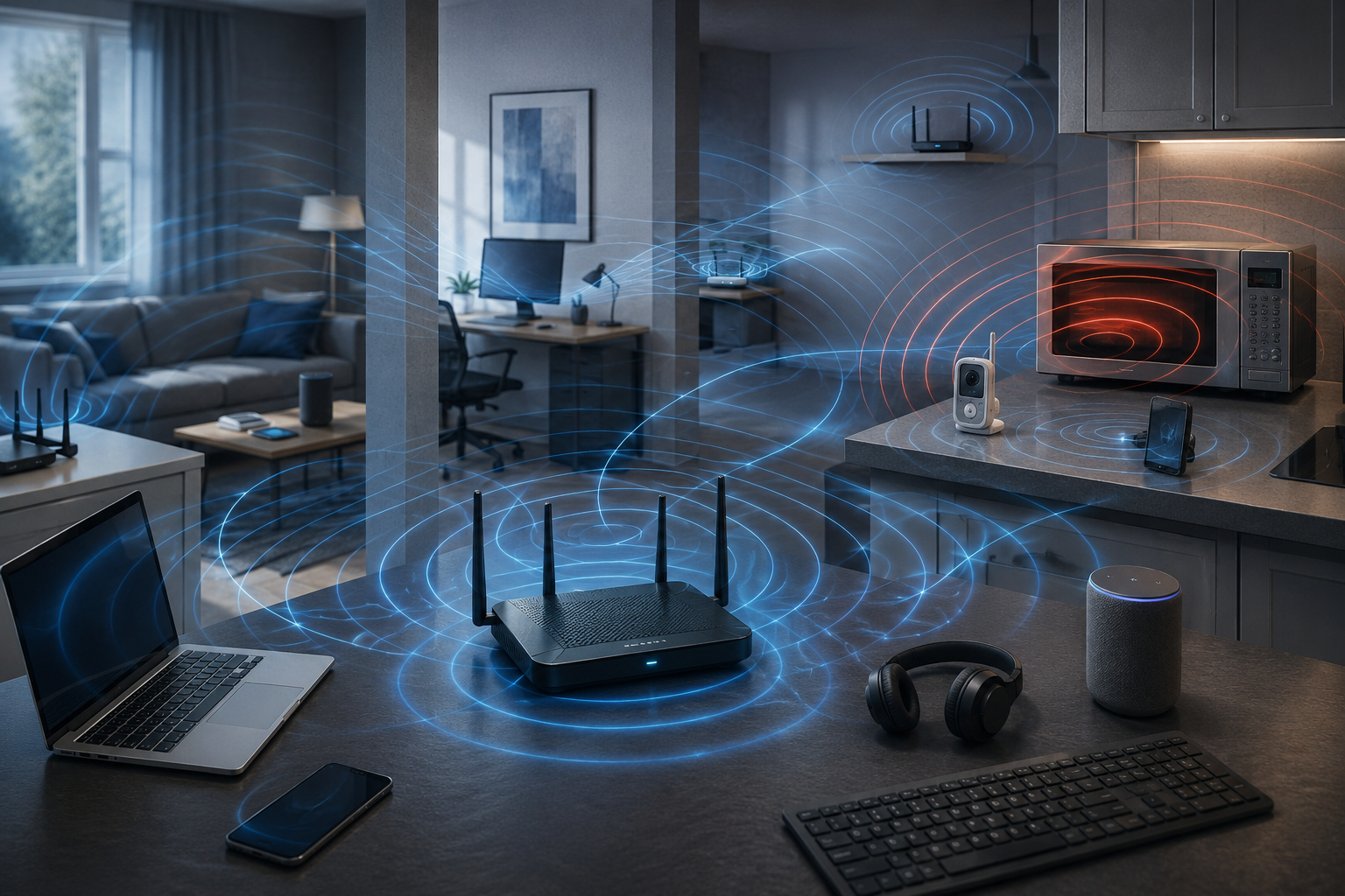Illustration of various radio signals from WiFi, Bluetooth, and microwaves clashing