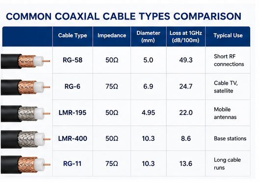 multiple coaxial cable types displayed variety of coaxial cables