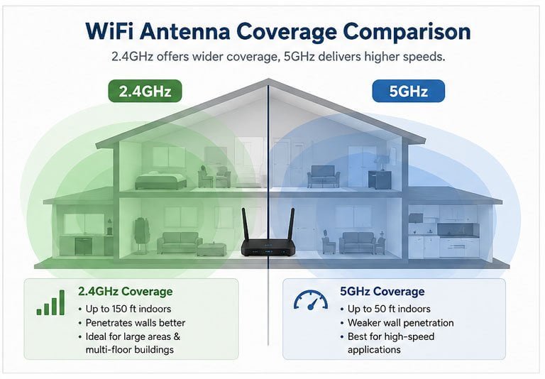2.4GHz vs 5GHz antenna coverage range WiFi antenna coverage comparison between frequencies