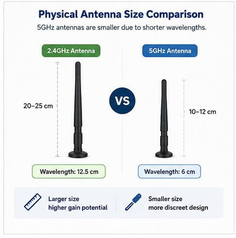 2.4GHz and 5GHz antenna physical differences Physical antenna size comparison 2.4GHz vs 5GHz