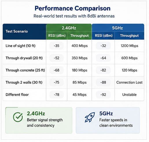 2.4GHz vs 5GHz WiFi antenna performance data Performance metrics comparison between 2.4GHz and 5GHz antennas