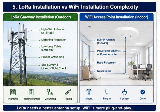 LoRa vs WiFi antenna installation requirements Antenna setup comparison