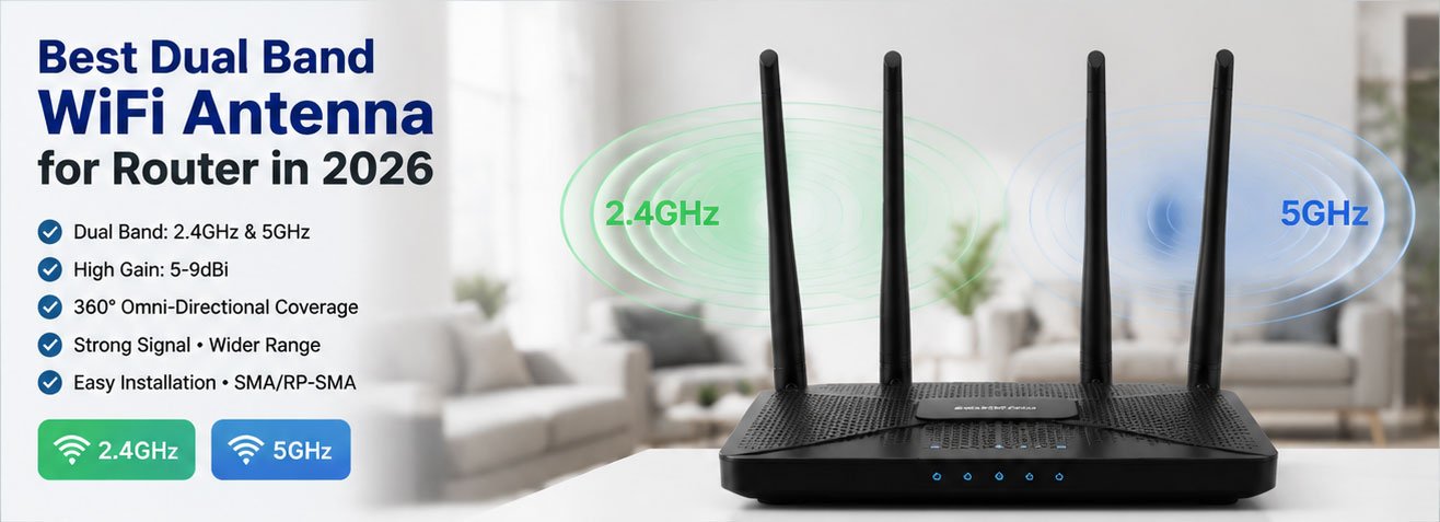 high gain dual band WiFi antenna mounted on modern router showing 2.4GHz and 5GHz frequency bands