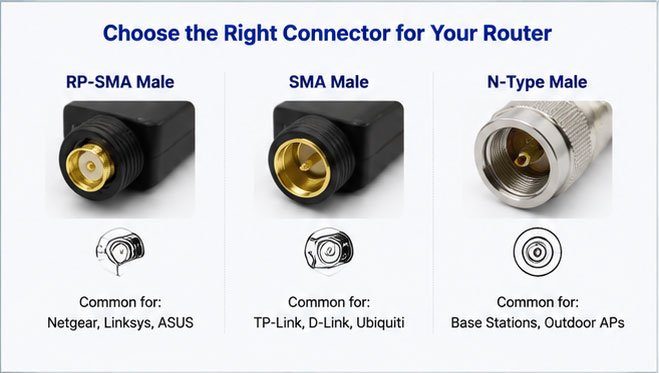 comparison chart showing different WiFi antenna connector types SMA RP-SMA and N-type