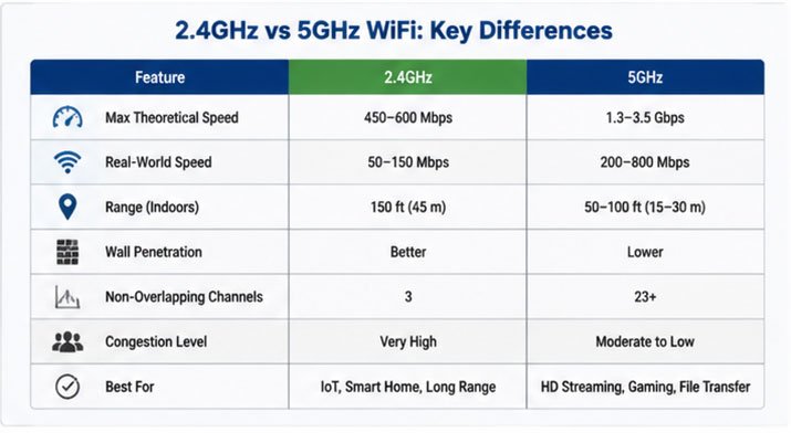 5GHz vs 2.4GHz WiFi comparison showing speed and range differences