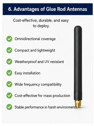 Key benefits visualization Glue rod antenna advantages infographic