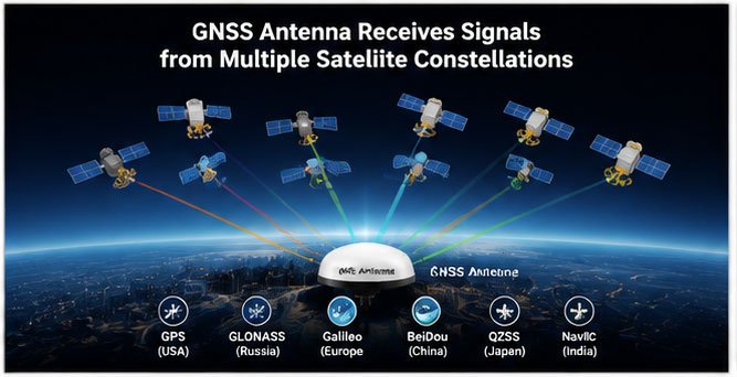 GNSS antenna multi-constellation reception diagram GNSS antenna receiving signals from multiple satellite constellations