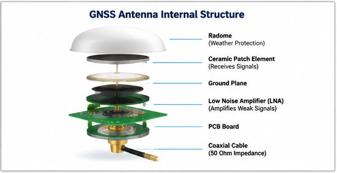 GNSS antenna construction and signal flow GNSS antenna internal structure showing ceramic patch and LNA components