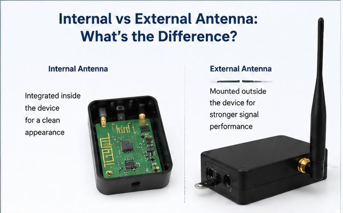 internal vs external antenna comparison showing embedded PCB antenna and external whip antenna