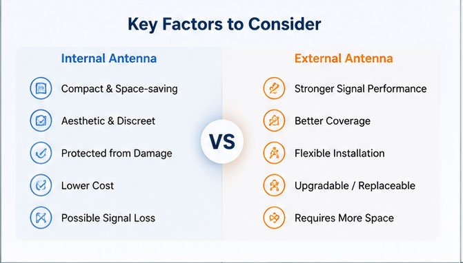 side-by-side comparison of internal and external antenna advantages and disadvantages