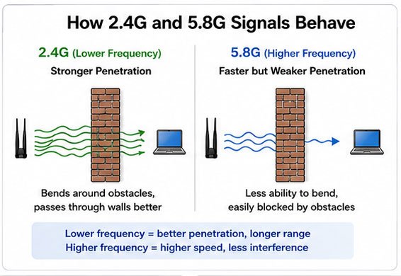 how 2.4G and 5.8G signals behave differently antenna frequency penetration comparison