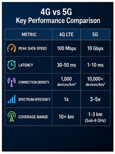 4G vs 5G Antenna Key Performance Metrics 4G and 5G antenna performance comparison chart showing speed latency and coverage